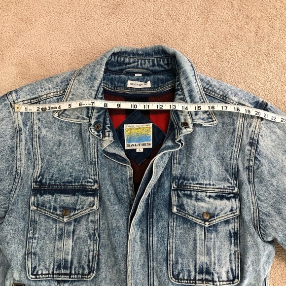 Vintage Salties Acid Wash Denim Cotton Jacket Plaid Zip Insert Size L Grunge Y2K - Picture 12 of 16